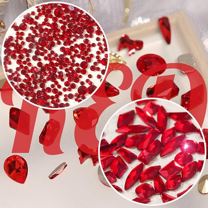 2052Pcs Red Nail Art Rhinestones Multi Shapes Crystal Flatback Rhinestones Gems Siam Red Round Beads K9 Glass Stones Diamonds Jewels Nail Art Supplies Charms for Nails Faces Eyes Makeup Crafts