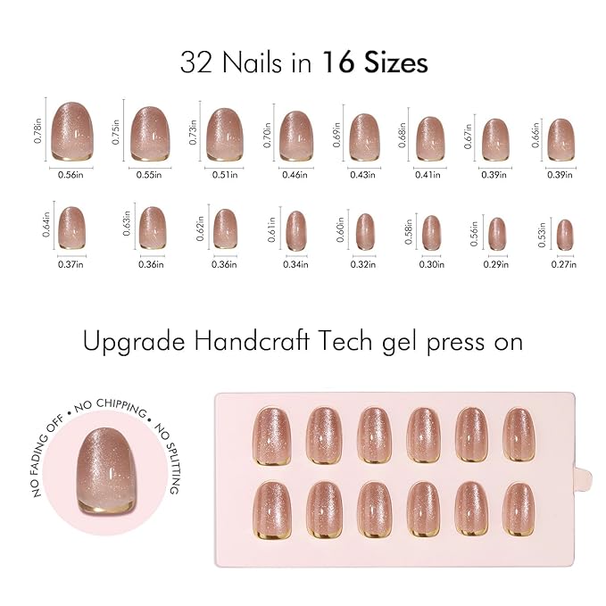 VSALON Press On Nails Short Oval, Gold Foil Nude French Tip Cat Eye Shimmer Nails, Salon Quality Semi-transparent Fake Nails Kit - 32 PCS Stick on Nails in 16 Sizes with UV Glue & Cuticle Oil