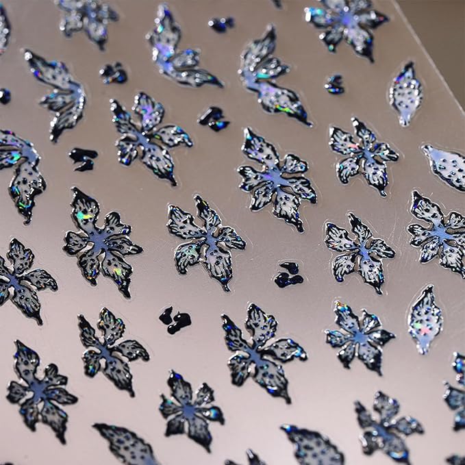 1 Sheets Embossed Flower Nail Stickers For Nail Art Holographic Laser Spring Flowers Nail Decals Black Blue Floral Nail Decor 5D Self-Adhesive Spring Butterfly Nail Art Stickers for Women Nails Design
