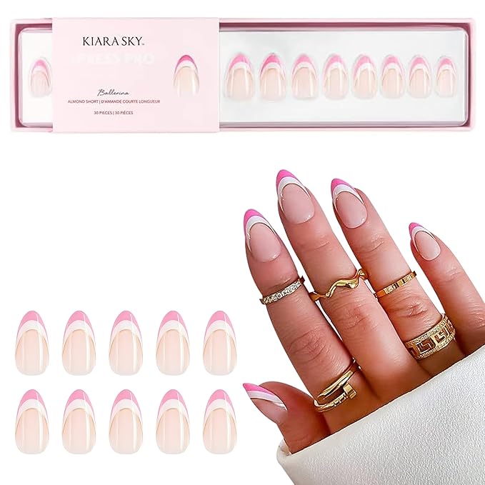 Kiara Sky Press On Nails | XPRESS PRO 100% Acrylic Nails | 30-Piece Kit Includes Nail Glue, Cuticle Pusher, File & Prep Pad | Almond Short - Ballerina