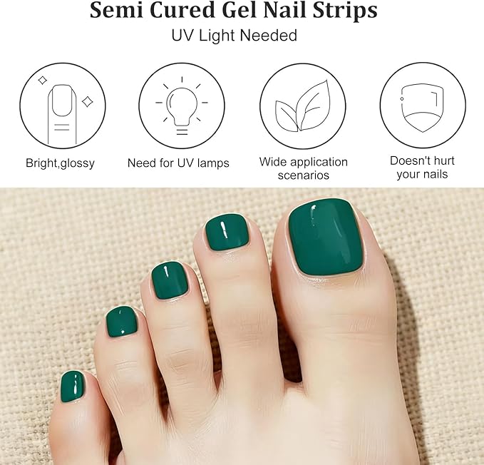 32 Pcs Semi Cured Gel Toe Nail Strips Teal Solid Gel Nail Stickers Full Cover Green Nails Wraps Self Adhesive Toe Nails Polish Strips Stickers for Women UV/LED Light Required