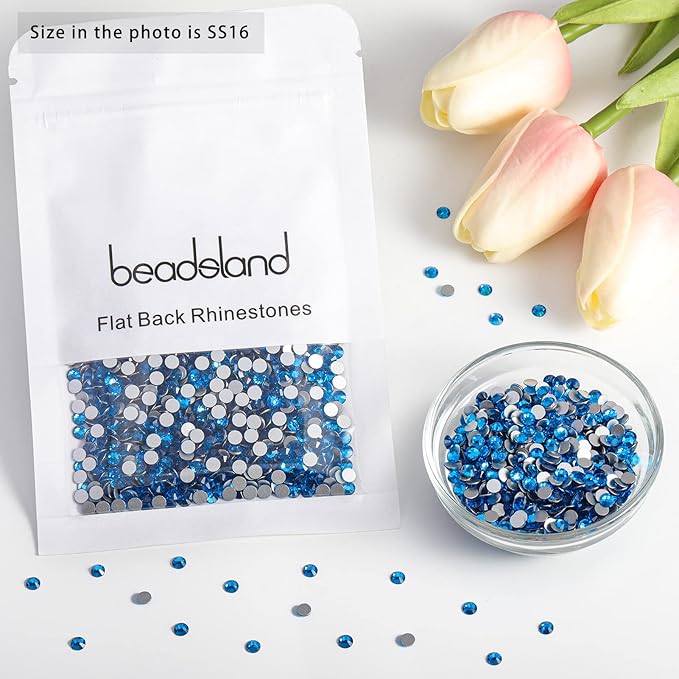 Beadsland 2880pcs Flat Back Crystal Rhinestones Round Gems for Nail Art and Craft Glue Fix, Capri Blue, SS16,3.8-4.0mm