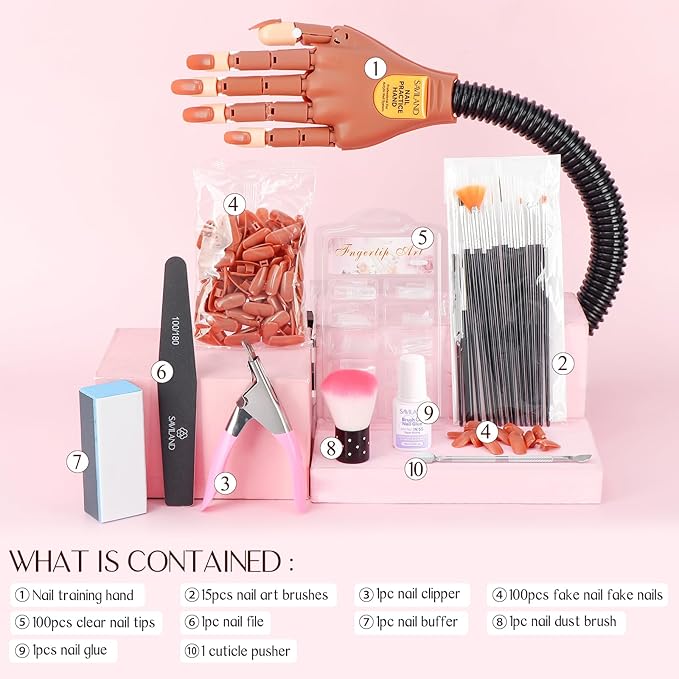 Saviland Practice Hand for Acrylic Nails, Flexible Moveable Fake Hands, Manicure Trainng Hand Nail Kit for Beginners, Movable Nail Maniquin Hand with 200PCS Nail Tips, Nail Glues, Brush and Clipper