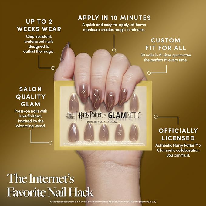Harry Potter™ x Glamnetic Press On Nails - Golden Cup™ | Semi-Transparent Brown 3D Gold Graphic Short Almond Nails in a Chrome & Glossy Finish | 15 Sizes - 30 Nail Kit with Glue