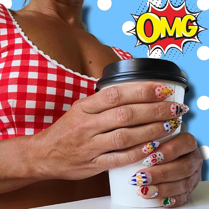 ARYANA NEW YORK Handmade 3D Press-On Nails – Medium Almond False Nails for Women, Clear French Tip with Pop Art Design | Pop Art Collection (Medium)