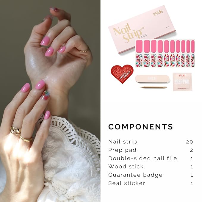 NAILOG Semi Cured Gel Nail Strips, 20 Pcs Pink Flowers Long Lasting Stickers Extra Long Nail Wraps with Glossy Gel Finishing for Spring Summer, Season
