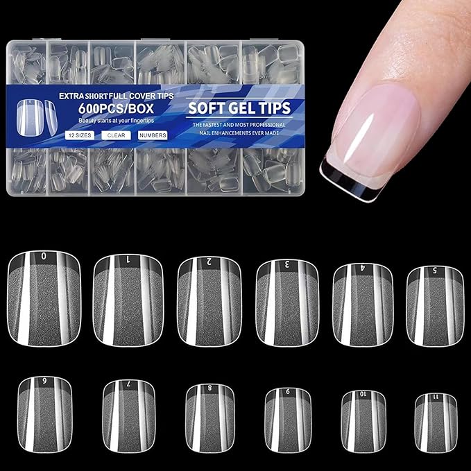 BlueZOO Soft Gel Nail Tips Extra Short Square Nails, 600Pcs Full Cover Half Matte Acrylic Nail Tips Clear Press On Nails for Extension Nail Manicure Home DIY Salon Fake Nails, 12 Sizes
