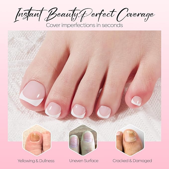 Modelones Press on Toenails Short, Pink French Tip Toe Nails Square, Reusable Nail Kit with Nail Glue Adhesive Tabs Mini Nail File, Toe Nails 36Pcs 18Sizes, Spring Women Girl Gift