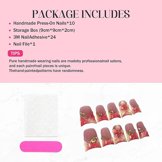 Luxury Press on Nails Medium Square Handmade Duck Fake Nails 3D Flower Pink Ombre French Tips False Nails Press ons with Charms Designs Sparkly Full Cover Acrylic Stick on Nail for Women 10(Size M)