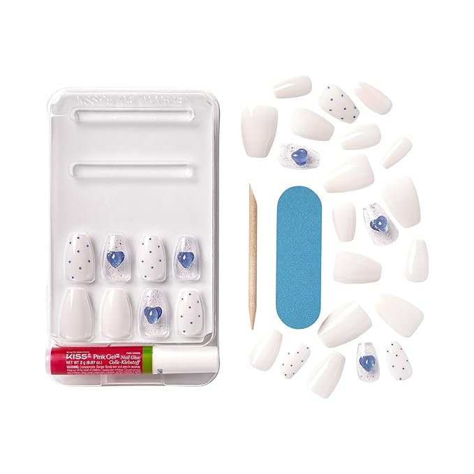 KISS Gel Fantasy, Press On Nails, Nail glue included, 'Hottiest Thing', White, Short Size, Coffin Shape, Includes 28 Nails, 2g glue, 1 Manicure Stick, 1 Mini File