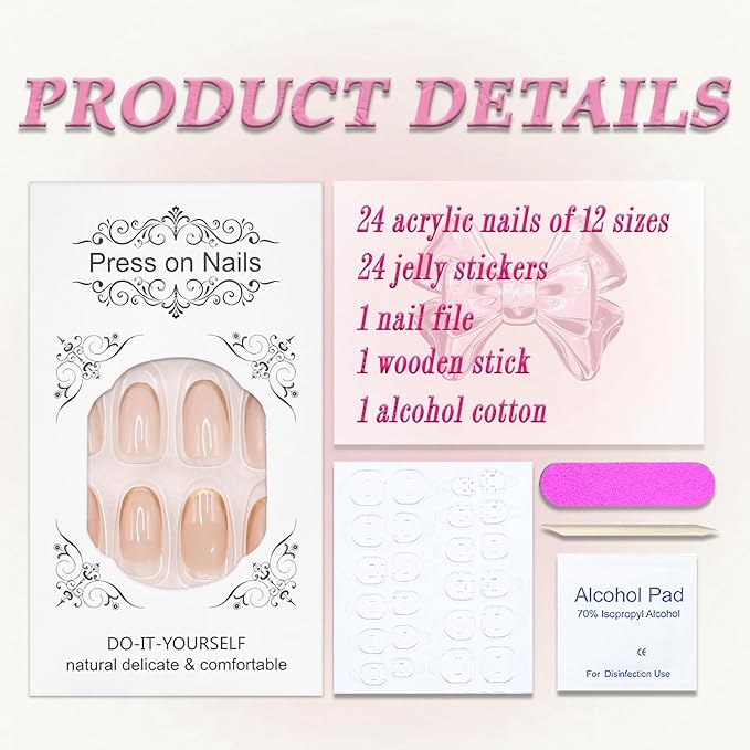 French Tip Press on Nails Short Almond MABKJLF Fake Nails False Nails with Gold Tips Designs Natural Nails Glossy Glue on Nails Full Cover Acrylic Nails for Women Girls 24 Pcs