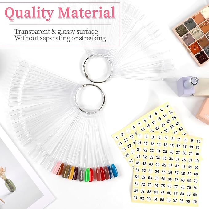 BQAN 100 Pcs Nail Swatch Sticks with Ring, Nails Art Display/Nail Practice Sticks for Home or Salon Use, 2 Pack Number Stickers