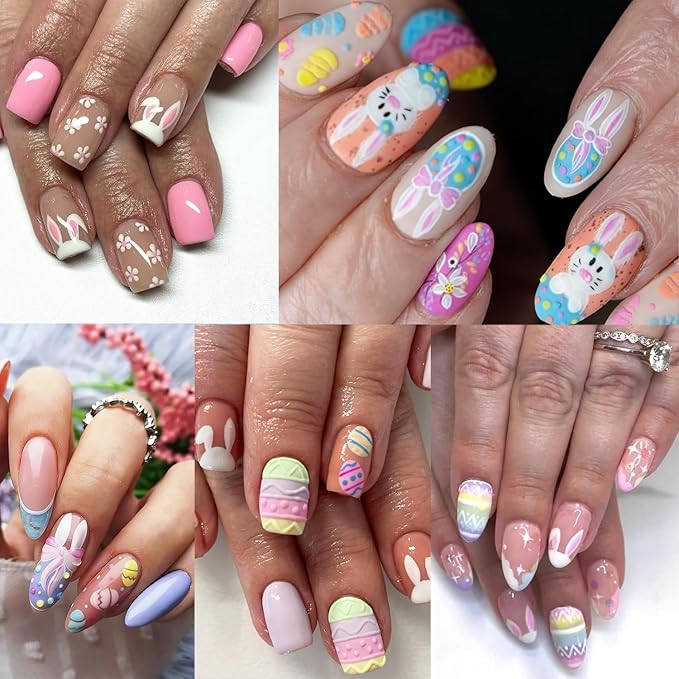 6 Sheets Easter Nail Stickers Cute Flower Carrot Chick Rabbits Nail Art Stickers 3D Self-Adhesive Easter Egg Nail Decals Cartoon Bunny Nail Design Supplies for Women DIY Holiday Nail Art