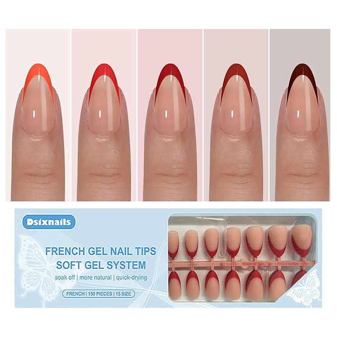 Almond Red French Tip Press on Nails, 150pcs Soft Short French Gel Nail Tips in 15Sizes, Pre-lasting Soak Off Acrylic Fake Nails, No Need to File False Nail Tips Extension for Women Nails