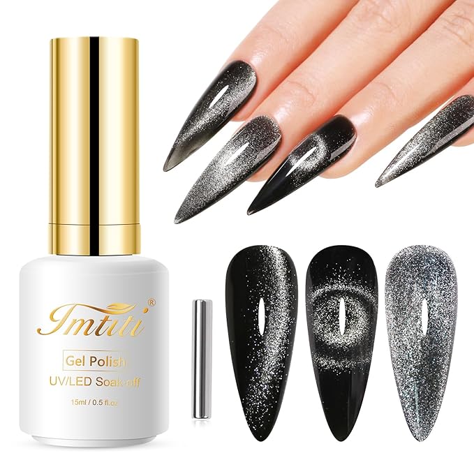Imtiti Cat Eye Gel Nail Polish, 15ML Black Holographic Glitter Cat Eye Magnetic Gel Polish with Magnet UV LED Crystal Galaxy Sparkly Home DIY Manicure Nail Salon Kit