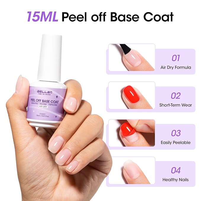 GELLEN Quick Dry Peel off Gel Base Coat, Lamp-Free Peelable Base Coat for Gel Polish, Non U V Gel for Thin & Weak Nails, Easy Removal without Damage, For Nail Practice Beginners