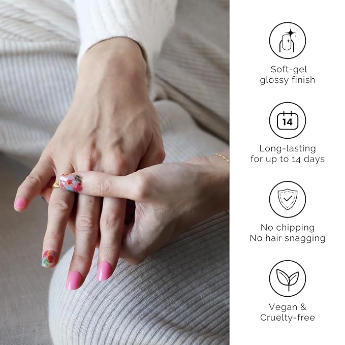 NAILOG Semi Cured Gel Nail Strips, 20 Pcs Pink Flowers Long Lasting Stickers Extra Long Nail Wraps with Glossy Gel Finishing for Spring Summer, Season