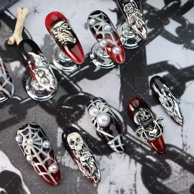 Halloween Press on Nails 100% Handmade Nail Press Ons Medium Almond Fake Nails with Spider Skeleton Silver Charms Design Ombre Red Black Halloween Nail for Women Girls Manicure Size M