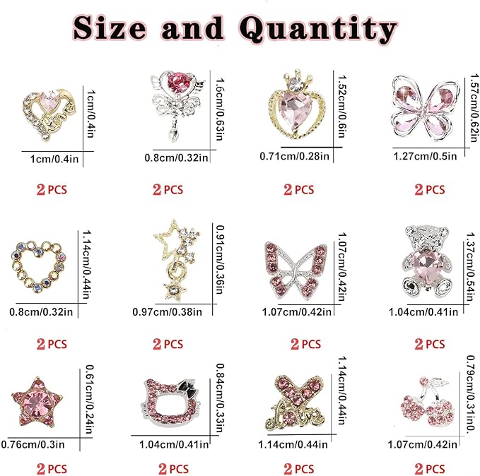 24PCS Pink Nail Charms Y2k Alloy Nail Art Rhinestone Charms 3D Heart Star Sailor Moon Nail Charms with Rhinestones Bear Cherry Nail Gems Shiny Jewelry Nail Decorations Supplies B