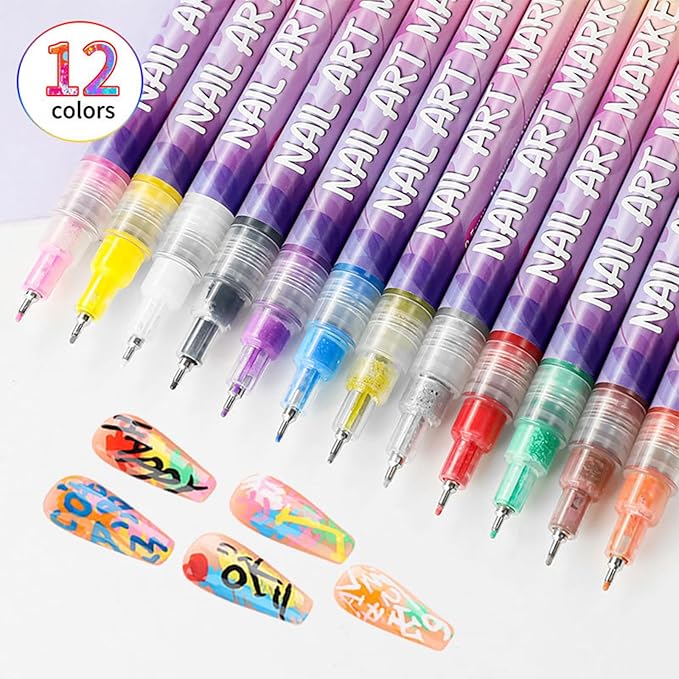 Hinourisha12pcs 3D Nail Art Pens Set, Nail Art Markers, Acrylic Nail Paint Pens Kit, Nail Polish Pen Quick-drying Waterproof for Paint Point Line Art Manicure Tools for Girls Gift