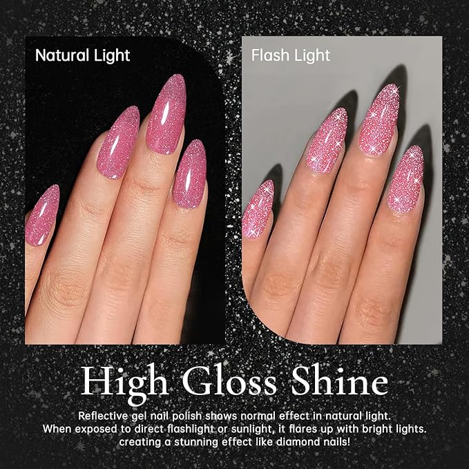 RARJSM Nude Reflective Glitter Gel Nail Polish Rose Pink Sheer Jelly Gel Polish Flash Diamond Sparkle Rainbow Silver Shimmer Pigments Soak off Curing Requires 15ml Single Bottle for Home Salon