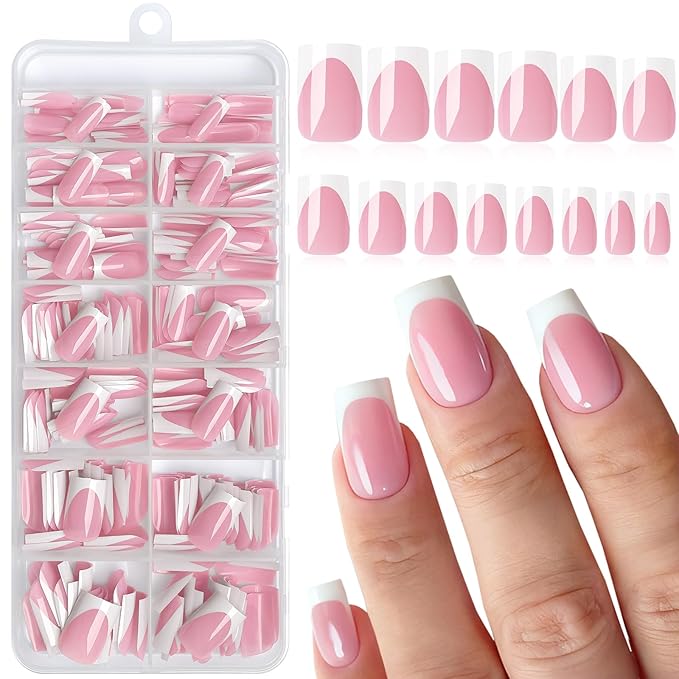 280pc French Tips Press on Nails Medium Square Fake Nail with Glue Tabs, French Tips Glue on Nails Press on Nail Square Acrylic Nails Medium Artificial Fingernails Women Girls Berry Pink False Nails