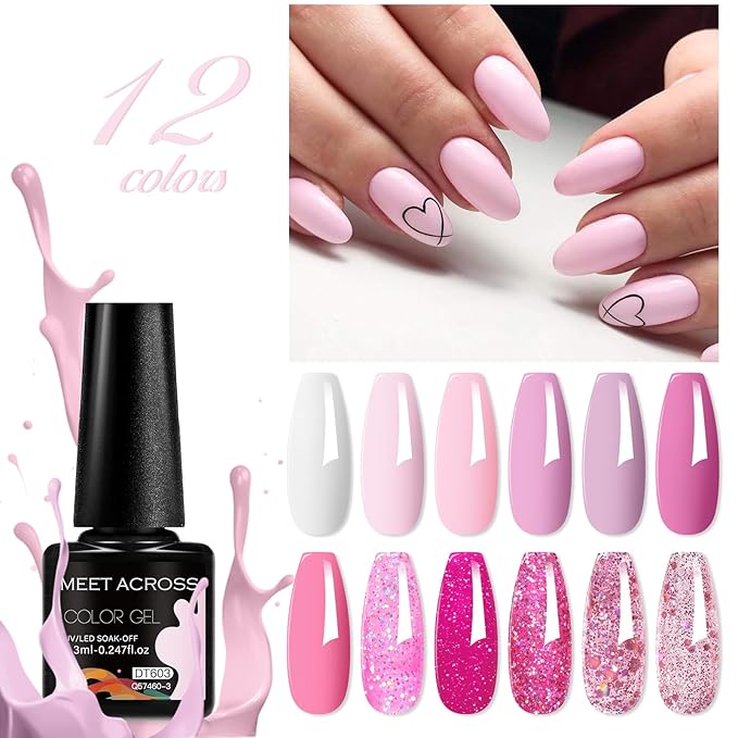 MEET ACROSS 12pcs Gel Nail Polish Set,Soak Off UV LED Lamp Gel Nail Polish Kit,Fashion Shimmer Nail Art Design Gifts for Women Manicure Salon (Pink-2)