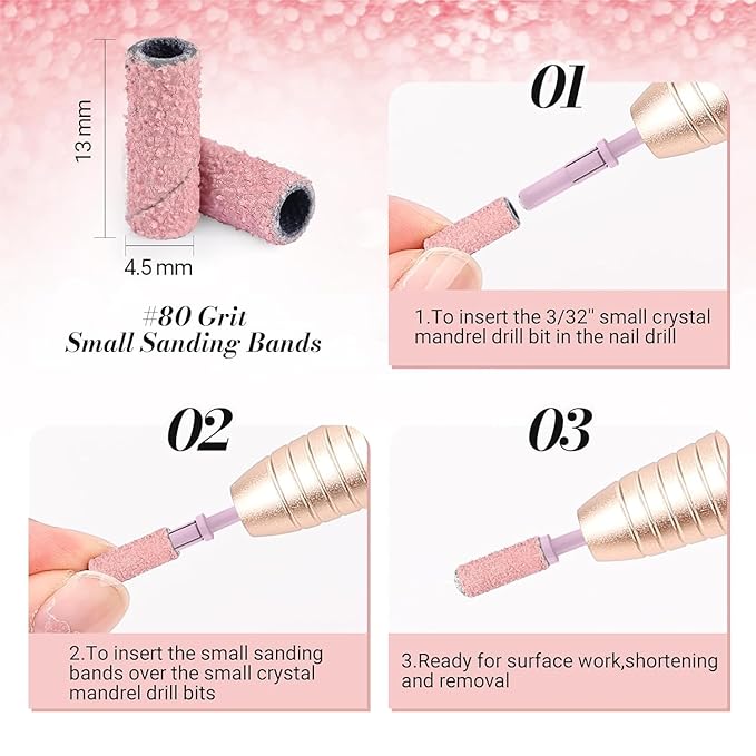 MelodySusie 120 Pcs Nail Drill Bits Small Sanding Bands for 3.1mm Mandrel Bit, 80 Coarse Grit Nail File for Acrylic Nails Gel Manicures and Pedicure, Pink (Only Sanding Bands)