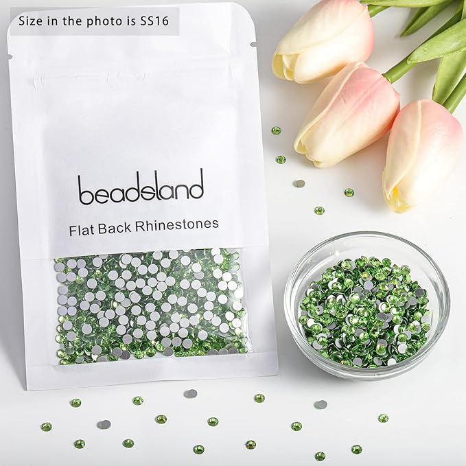 Beadsland Flat Back Crystal Rhinestones Round Gems for Nail Art and Craft Glue Fix, Light Green, 3.8-4.0mm, SS16/1440pcs