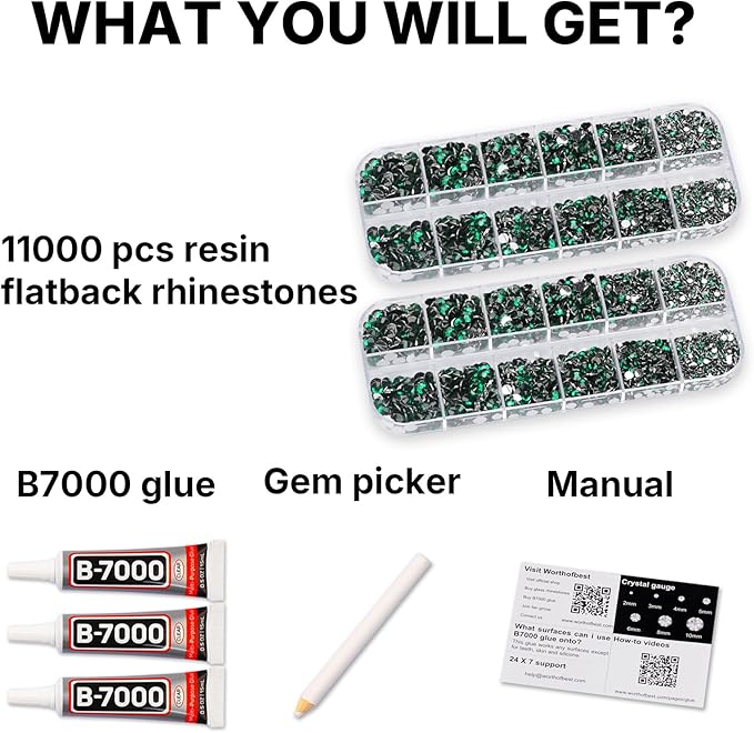 11000Pcs Emerald Green 2/3/4/5mm Flatback Rhinestones with Glue for Bedazzling Crafting Clothing Clothes Crafts Shoes Nail Art, Dark Green Resin Flat Back Gems Crystals Diamonds Gemstones Jewels Kit