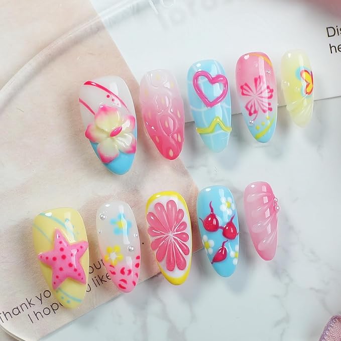 Handmade Press on Nails Beach Summer 3D Starfish Flower Fake Nails Gradient False Nails with Designs Muti-Layer Gel Stick on Nails Art Glossy Pearl Medium Almond Acrylic Nail for Women (Size M)