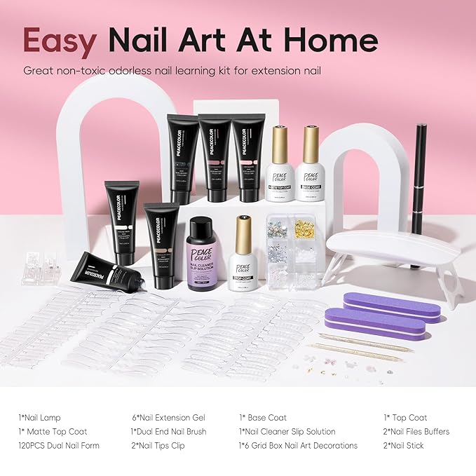 PEACECOLOR 24Pcs Poly Nail Gel Kit Starter Kit with Nail Lamp 6 Colors Pink Nude Black Poly Nail Extension Gel with 3Pcs Glossy/Matte Top Coat Nail Rhinestones DIY Home Gifts for Women