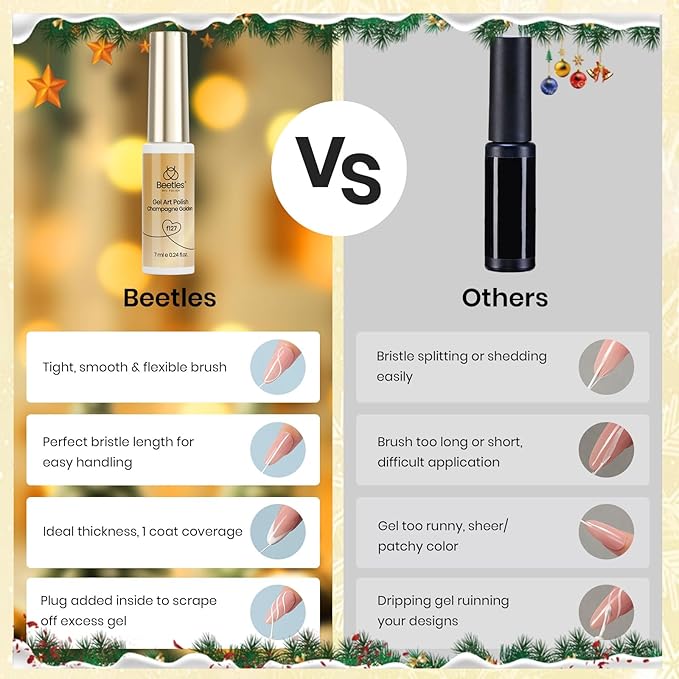 Beetles Gold Gel Liner Nail Polish 7ml Metallic French Tip 3D Mirror Effect Metal Painted Gel Polish Build in Thin Brush French Line Nail Art Soak off Uv Lamp Manicure Salon Gifts for Girls