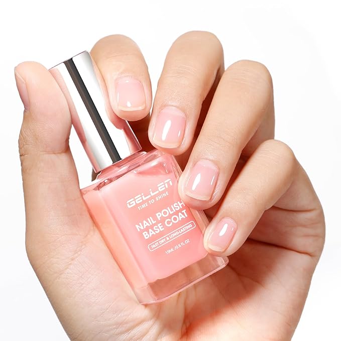 GELLEN 4‑in‑1 Clear Nail Polish Base Coat Sheer Tinted Milky Pink, Ridge Filler, Nail Strengthener & Concealer, Calcium Formula Strengthens Nails, Enhances Natural Look, No HEMA, Anti-yellowing