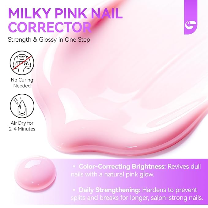 Gelike EC Nail Strengthener and Growth Polish: Milky Pink Protein and Vitamin Enriched Quick Dry Hardener Repair for Brittle Thin Damaged Nails at Home DIY Salon Quality Vegan 16ml No UV Need