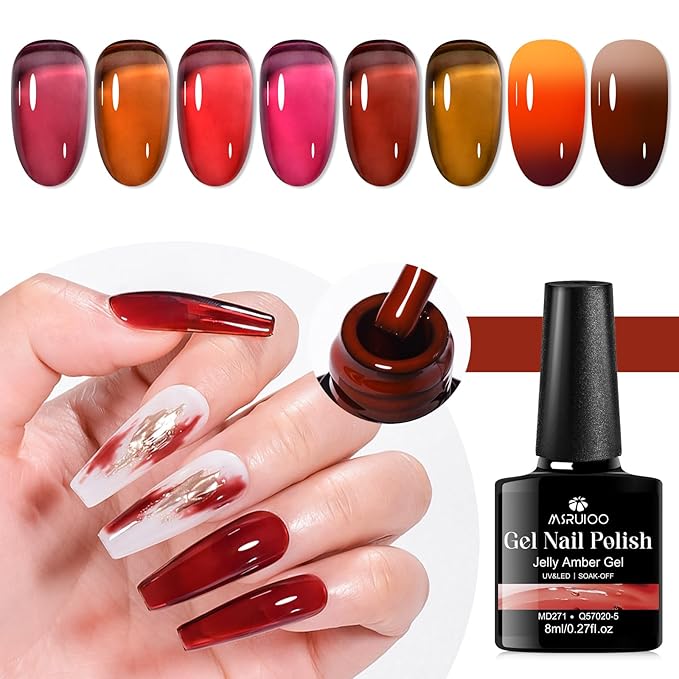12Pcs Jelly Gel Polish Set Crytal Orange Burgundy Red Transparent Amber Gel, Brown Color Changing Gel Nail Polish Set Fall Winter Manicure Kit 8 Colors
