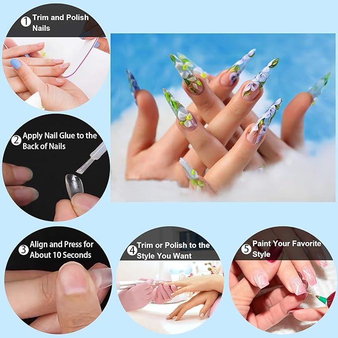 FEBSNOW 1000PCS Long Stiletto Nail Tips Acrylic Nails Artificial Half False Flake Nail Tips 10sizes with Clear Plastic Cases for Nail Salon Nail Shop Diy Nail Art Ballerina Nails (Clear+Natural)