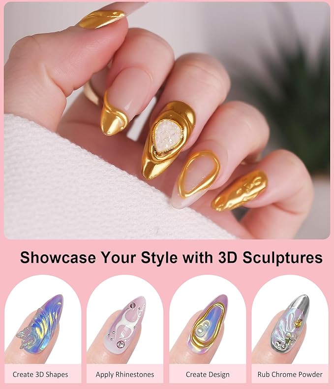 3D Nail Gel and Chrome Nail Powder: 15g No Wipe Clear 3D Sculpting Gel for Nail Non-Sticky Hand Hard Gel Carving Gel with Rose Gold White Pearl Chrome Powder for Nail Art Decoration Home DIY