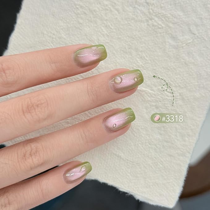 GAOY Green Pink Glassy Cat Eye Gel Nail Polish, 16ml Glitter Holographic Nail Polish with Magnet, Reflective Translucent UV Light Cure, 3318 Verde Rosa