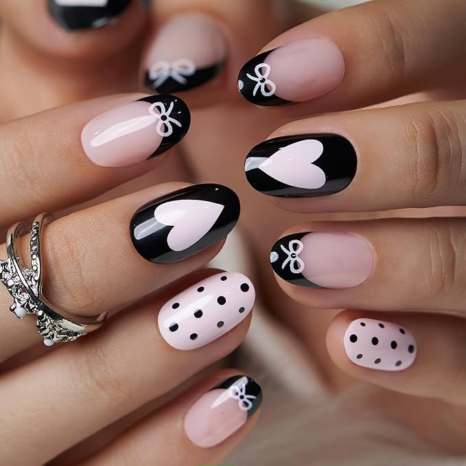 CurvLife Almond Press On Nails Medium – 30Pcs Soft Gel Fake Nails, Strawberry Dot Dream Reusable Glue On Nail Kit with Adhesive Tabs, Natural Fit & Salon-Quality for Women & Girls