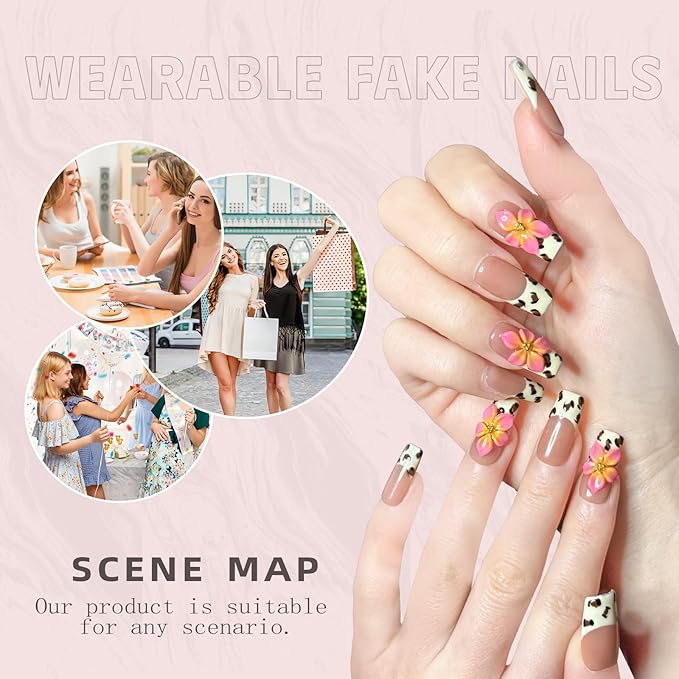 Nude Pink Handmade Press-On Nails – Long Coffin French Leopard Print & Floral Rhinestone Design | Thick Acrylic Full-Coverage False Nails (S-10PCS)