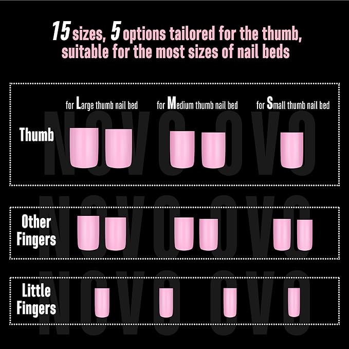 NOVO OVO Short Sharp Square Nail Tips Press on Pure Color Pink, Need Builder Gel Top Coat Nail Glue, Soft Gel Matte Fake Nail Extension, Full Cover False Nails for Salon DIY x 15 Sizes 180 pcs
