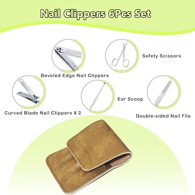 Nail Clippers Set, 6 Pcs Toenail Clippers Stainless Steel Fingernail Clippers Manicure Set with Leather Case, Idea Gift for Christmas Stocking Stuffers, Khaki