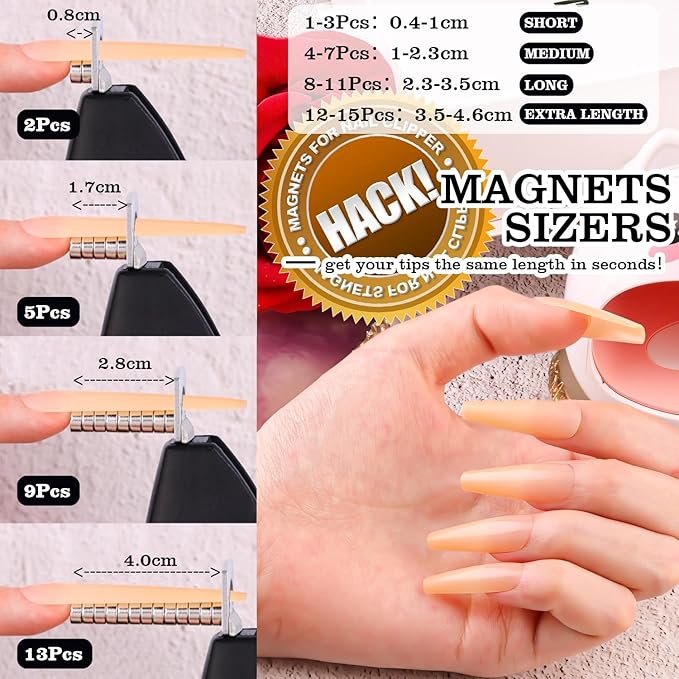 Black Adjustable Nail Clippers with Magnet Sizers for Acrylic Nails, Professional Stainless Steel Fake False Nail Tip Sharp Clipper Cutter Trimmer, Manicure Tool for Salon Home Nail Art