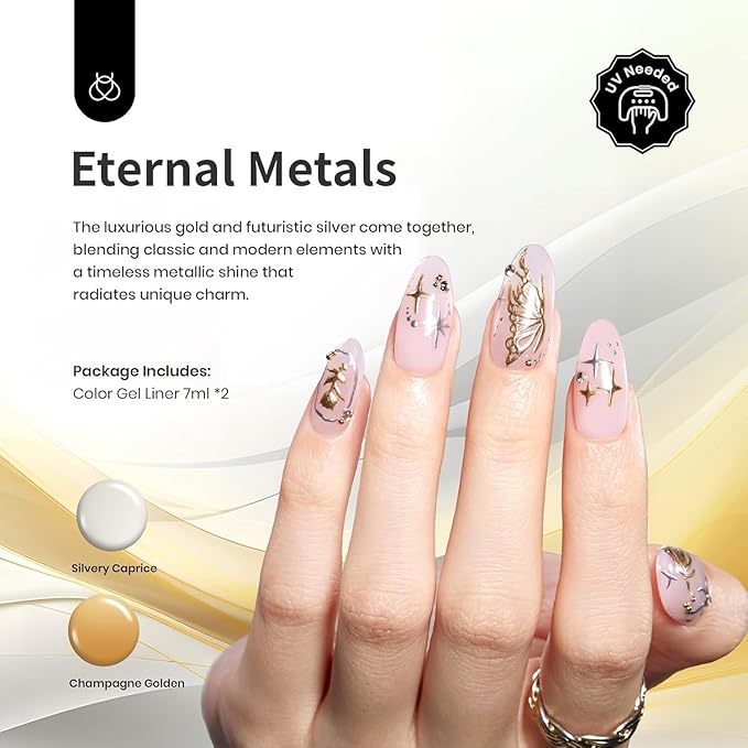 Beetles Metallic Gel Nail Polish Liner Set Silver Bronze Gold 2pcs Gel Liner Nail Art Chrome 3D High-Gloss Effect for Nail Paint Design with Thin Brush DIY French Manicure Curing Requires at Home