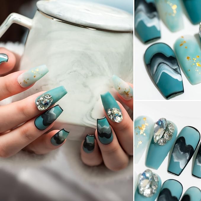 Sun&Beam Nails Handmade Long Coffin Ballerina Black Blue False Nail Tips with Cute 3D Diamond Popular Charm Design Press On Nails 10 Pcs (#71 S)