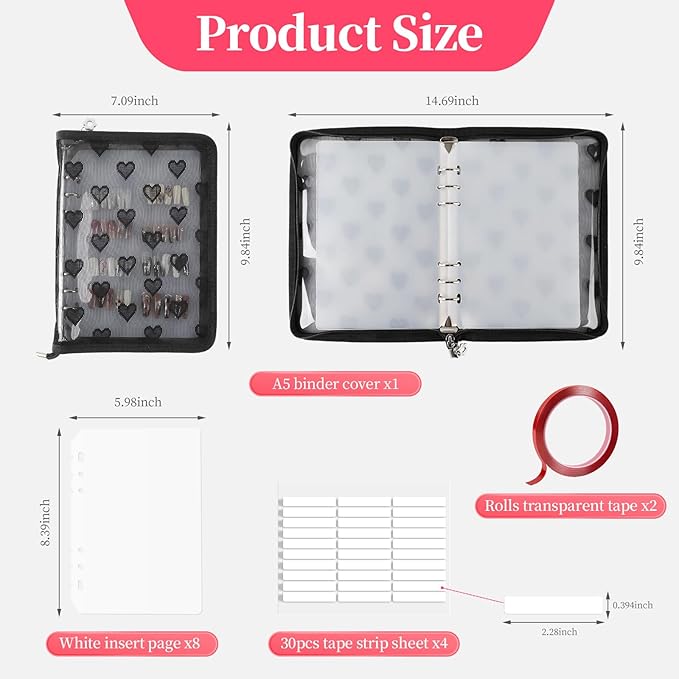 Press On Nail Storage Organizer Binder with 8 Insert Pages - A5 Size & Double Sized Tapes, Press on Nails Display Storage Book, Reusable Fake Nail Swatch Collecting Book (Black)