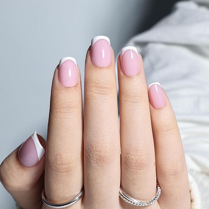 French Tip Press On Nails - Short Square Press on Nails Pink White Tips Nails Press Ons for Women Fake Nails with Glue, Glossy Reusable Glue on Nail in 15 Sizes - 30pcs, Dusty Lavender