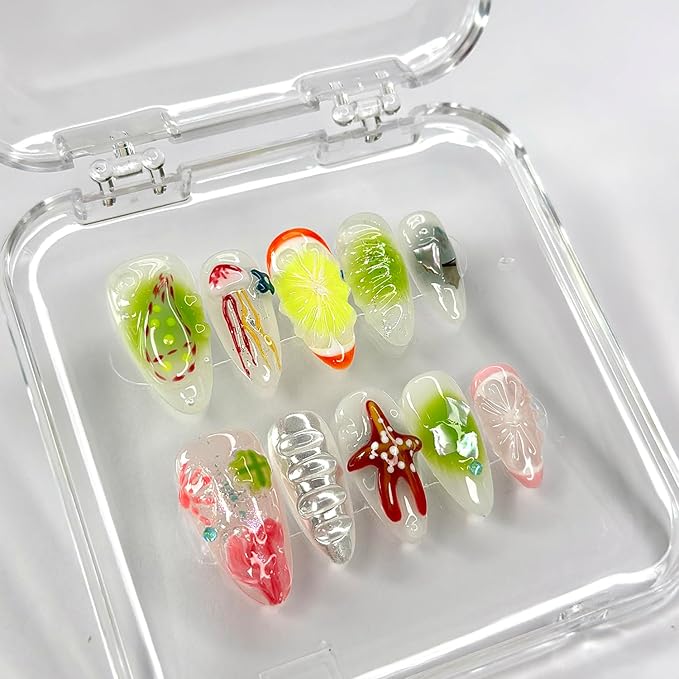 Luxury Press on Nails Medium Almond Handmade 3D Unique Reusable ABS Material Fake Nails French Tip False Nails with Designs Fruit Starfish Art Glossy Glue on Nails Thick Acrylic Nails(M)