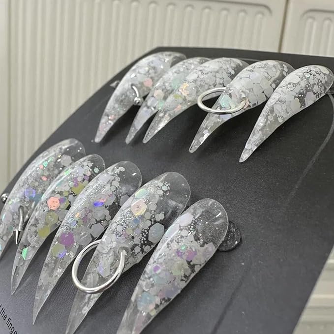 White with Nails Stiletto Press on Nails Extra Long with Glue Glossy False Nails with Hand-Painted Designs Handmade Eagle Dragon Cat Claw Unique Reusable Fake Nails